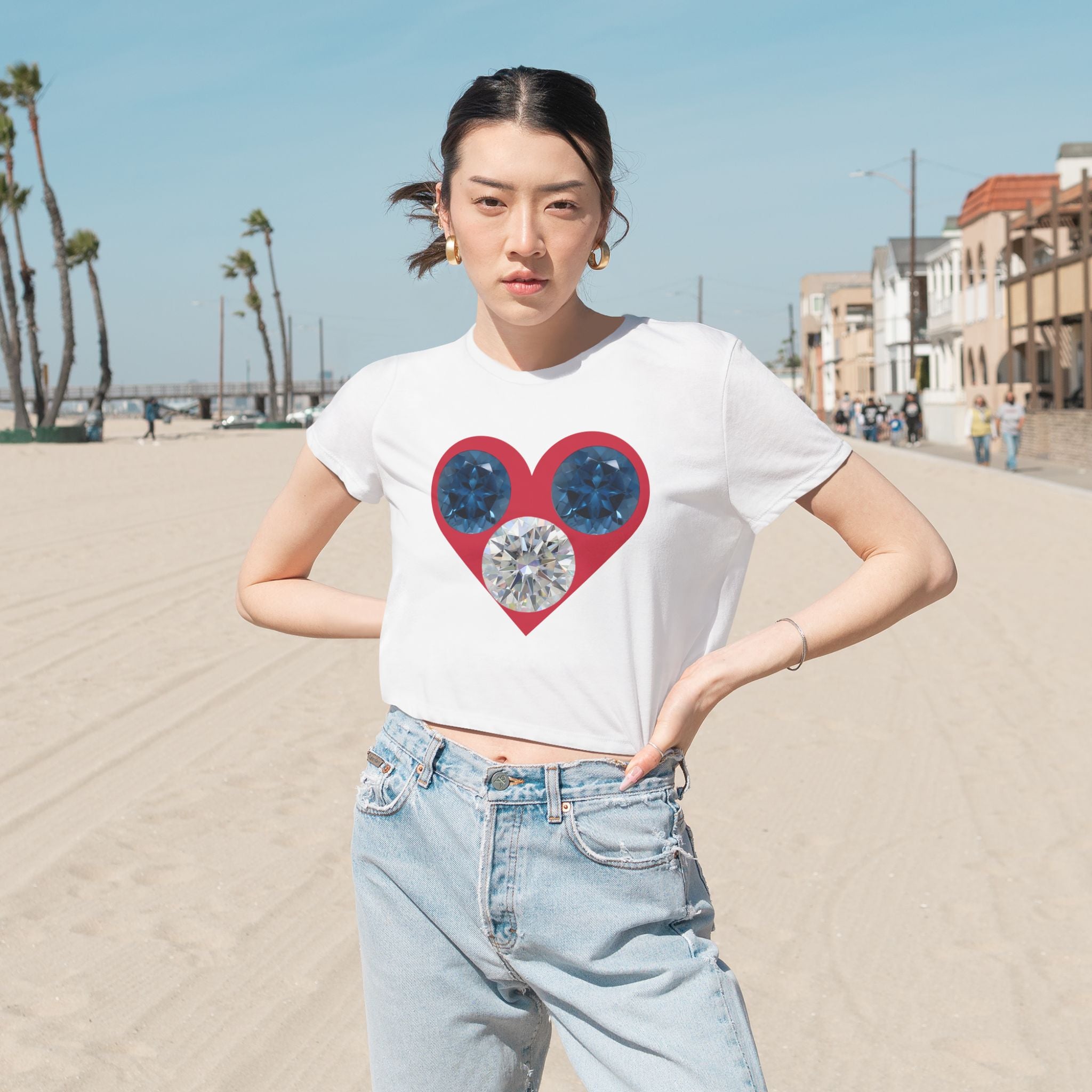 Cropped Tee — Gemstone Heart Graphic (Blue & Diamond)
