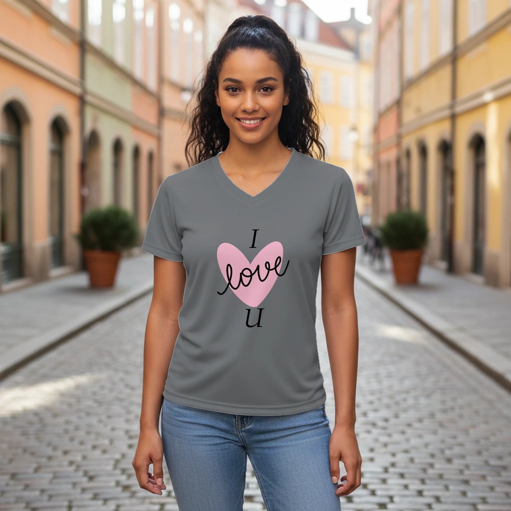Love Graphic T-Shirt – Women's Performance V - Neck with Heart Design - BB's Tees and More