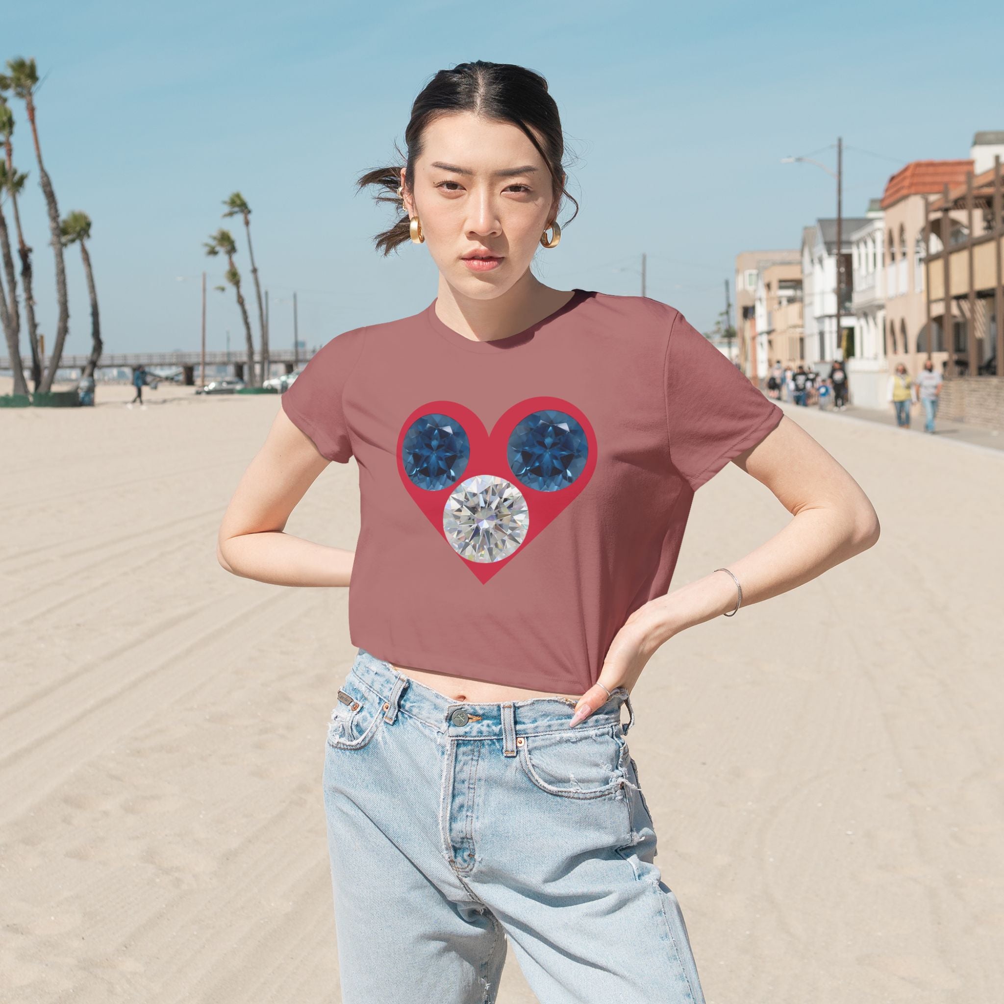 Cropped Tee — Gemstone Heart Graphic (Blue & Diamond)