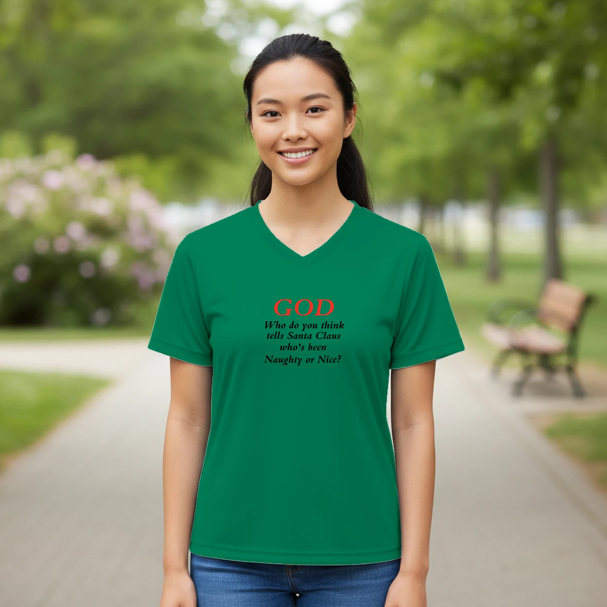 God/Santa Women’s Performance V - Neck T-Shirt | Team 365 TT11W - BB's Tees and More