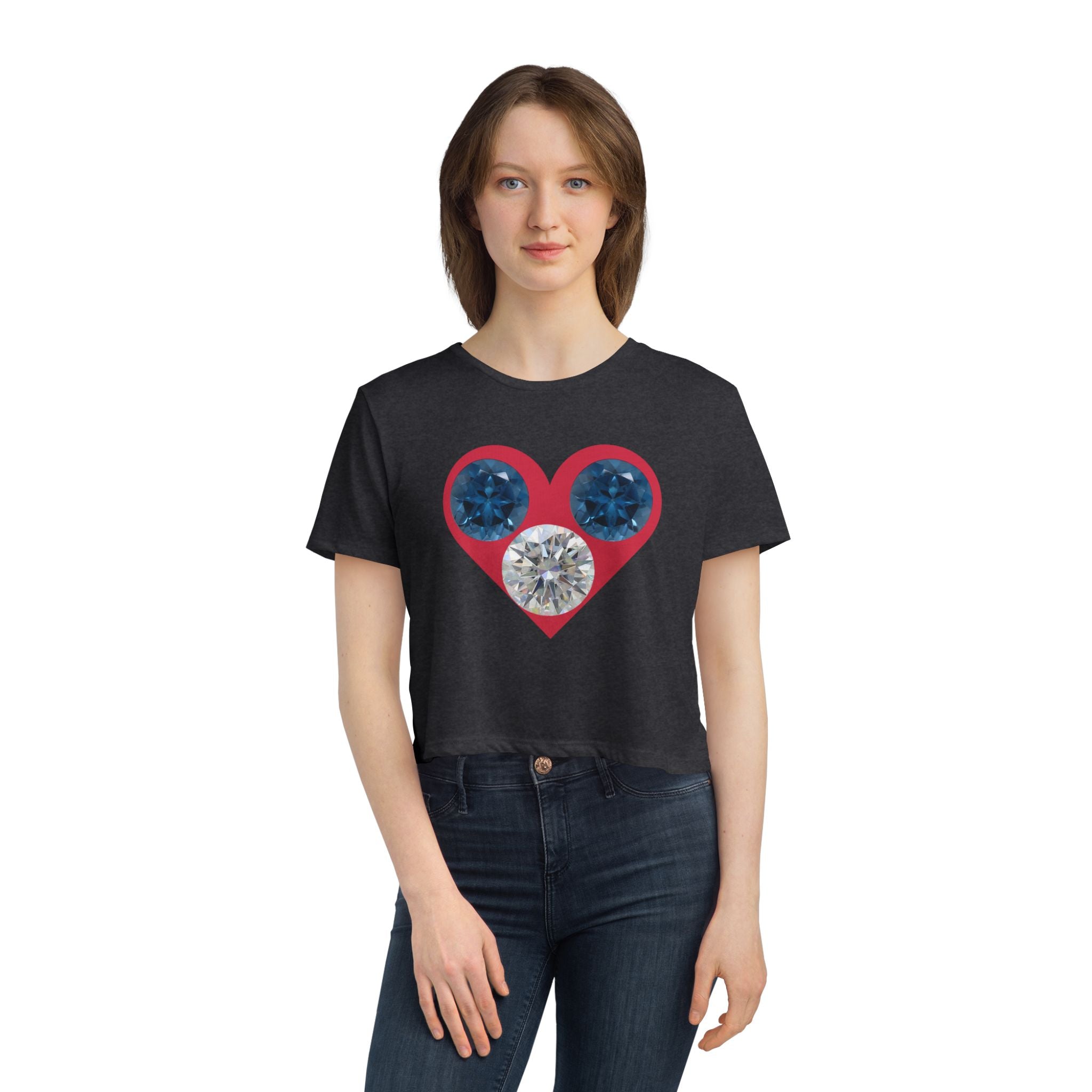Cropped Tee — Gemstone Heart Graphic (Blue & Diamond)