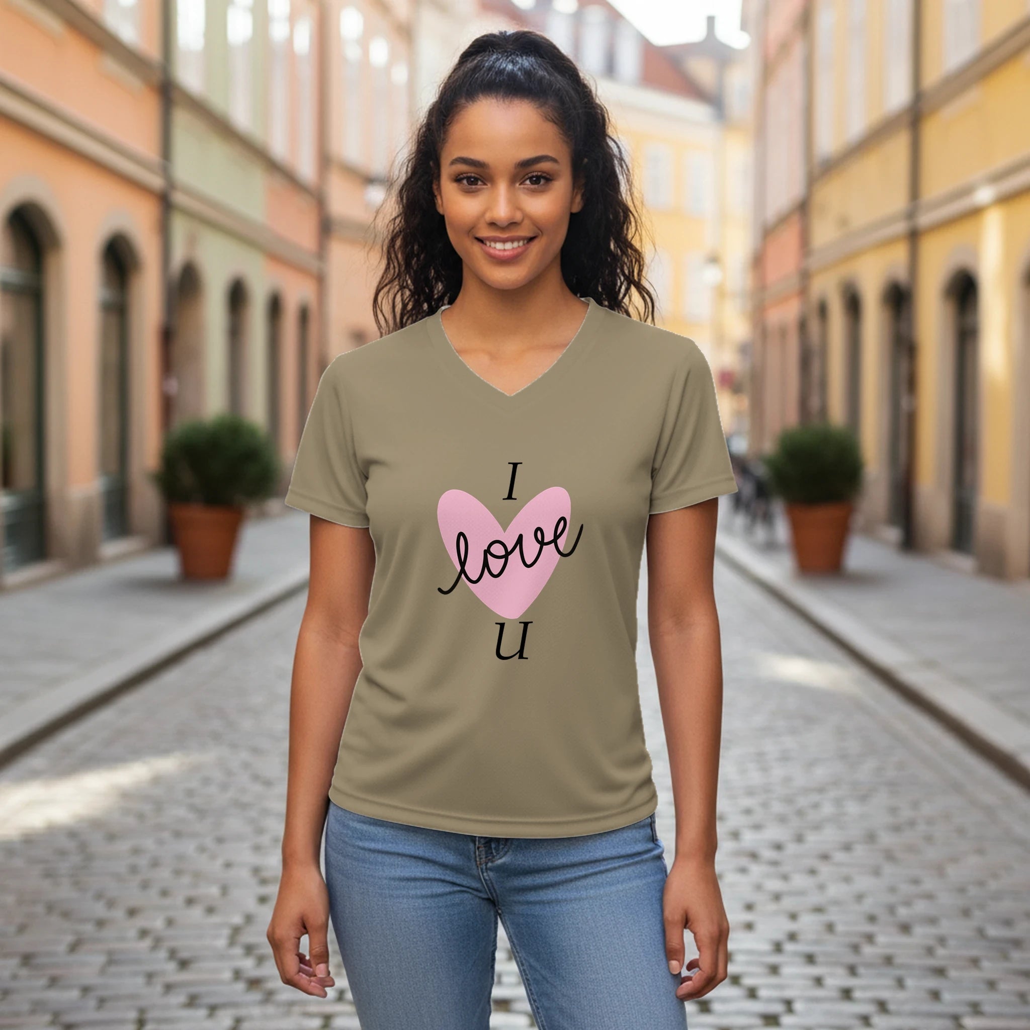Love Graphic T-Shirt – Women's Performance V - Neck with Heart Design - BB's Tees and More