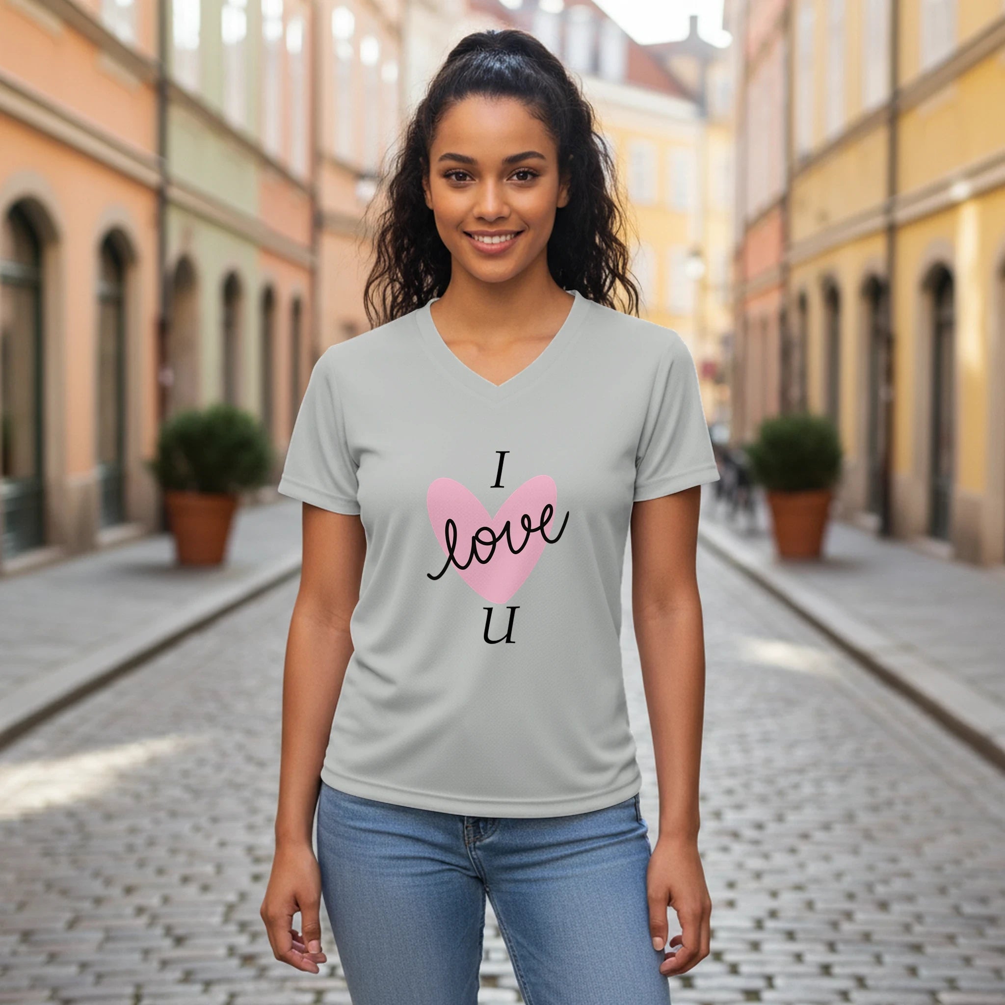 Love Graphic T-Shirt – Women's Performance V - Neck with Heart Design - BB's Tees and More