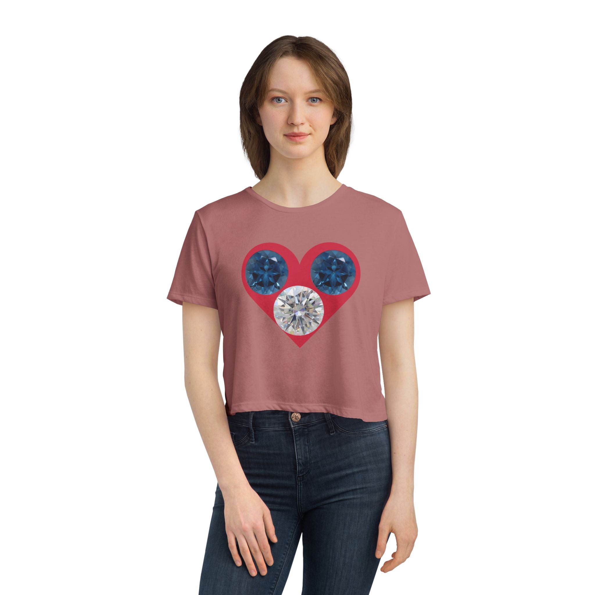 Cropped Tee — Gemstone Heart Graphic (Blue & Diamond)