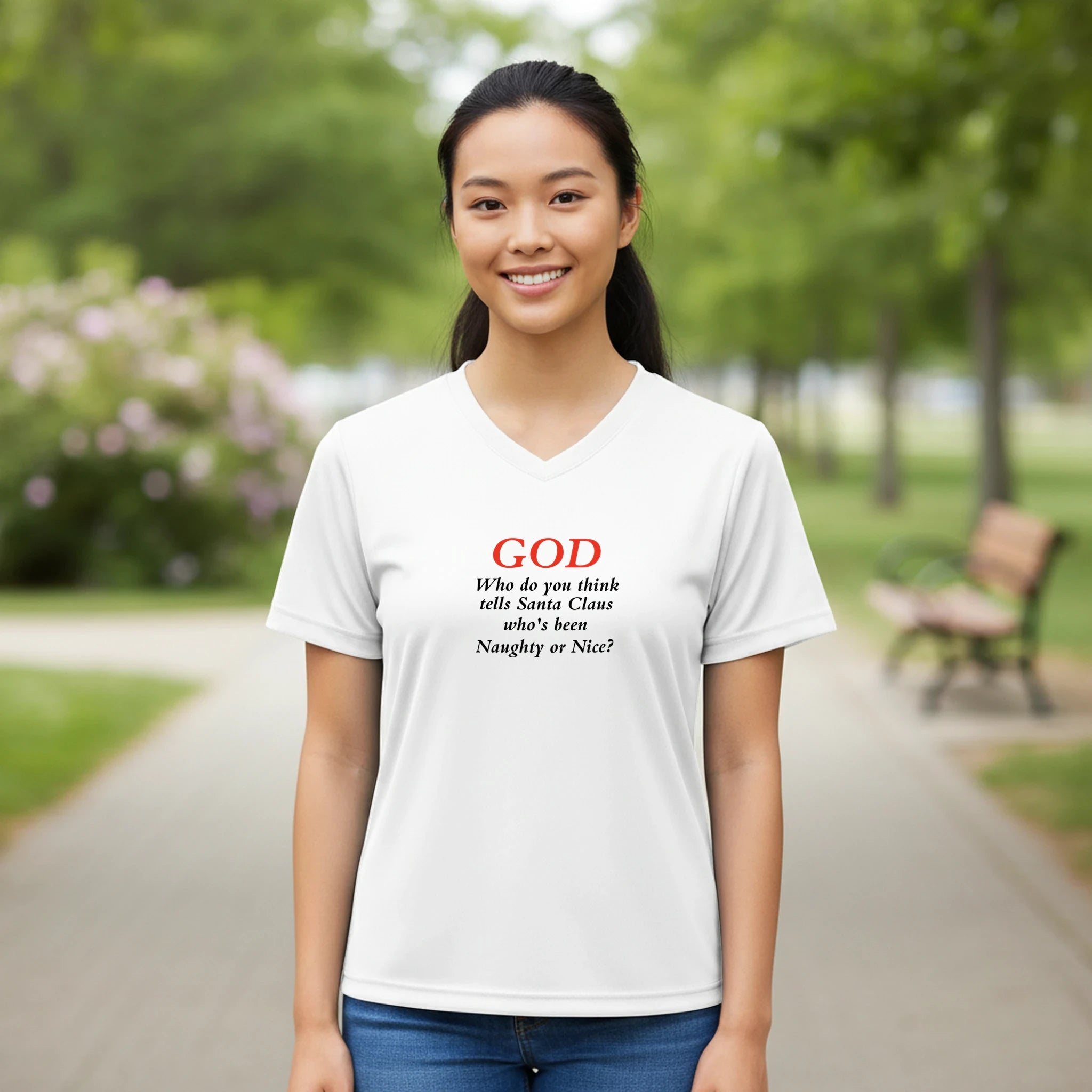 God/Santa Women’s Performance V - Neck T-Shirt | Team 365 TT11W - BB's Tees and More