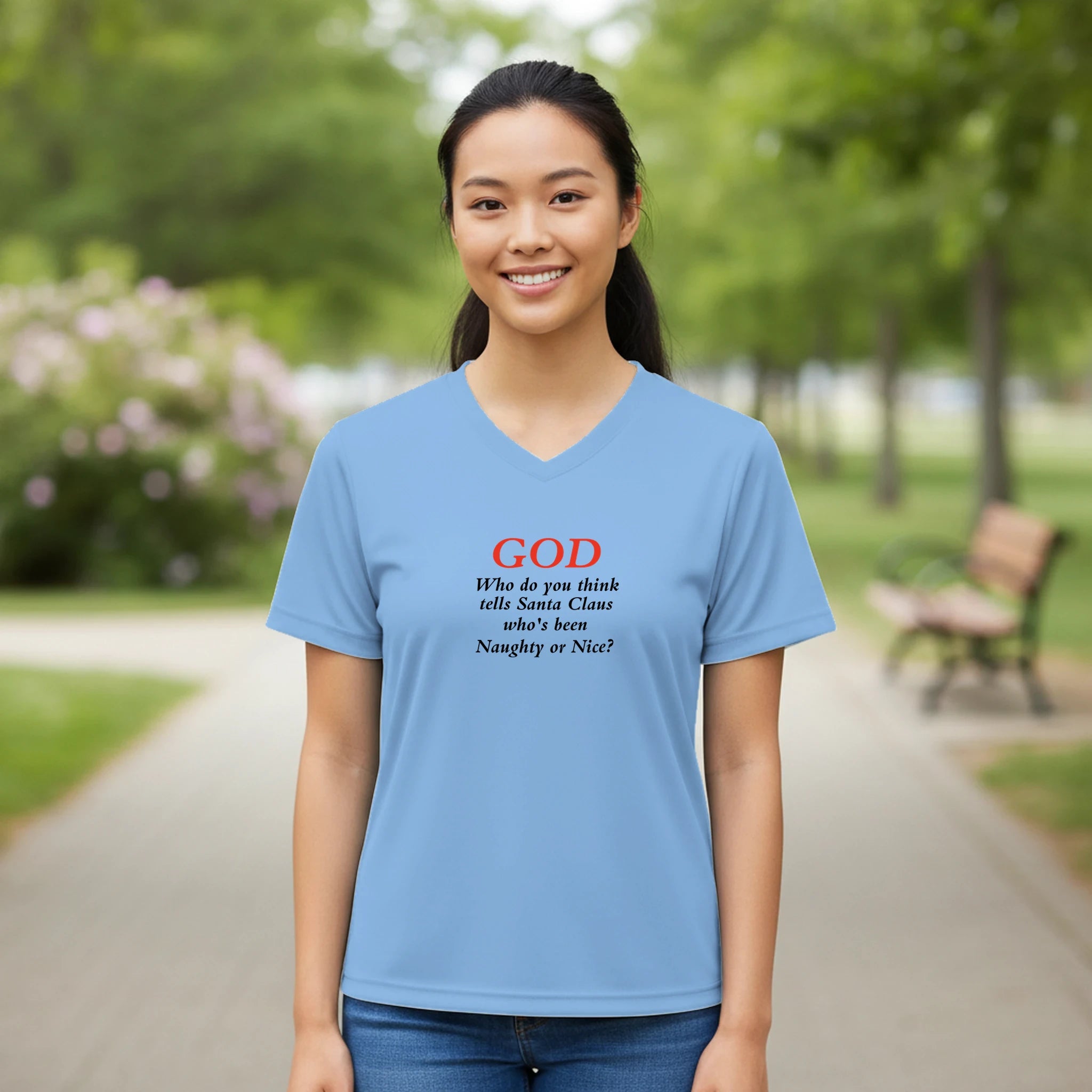 God/Santa Women’s Performance V - Neck T-Shirt | Team 365 TT11W - BB's Tees and More
