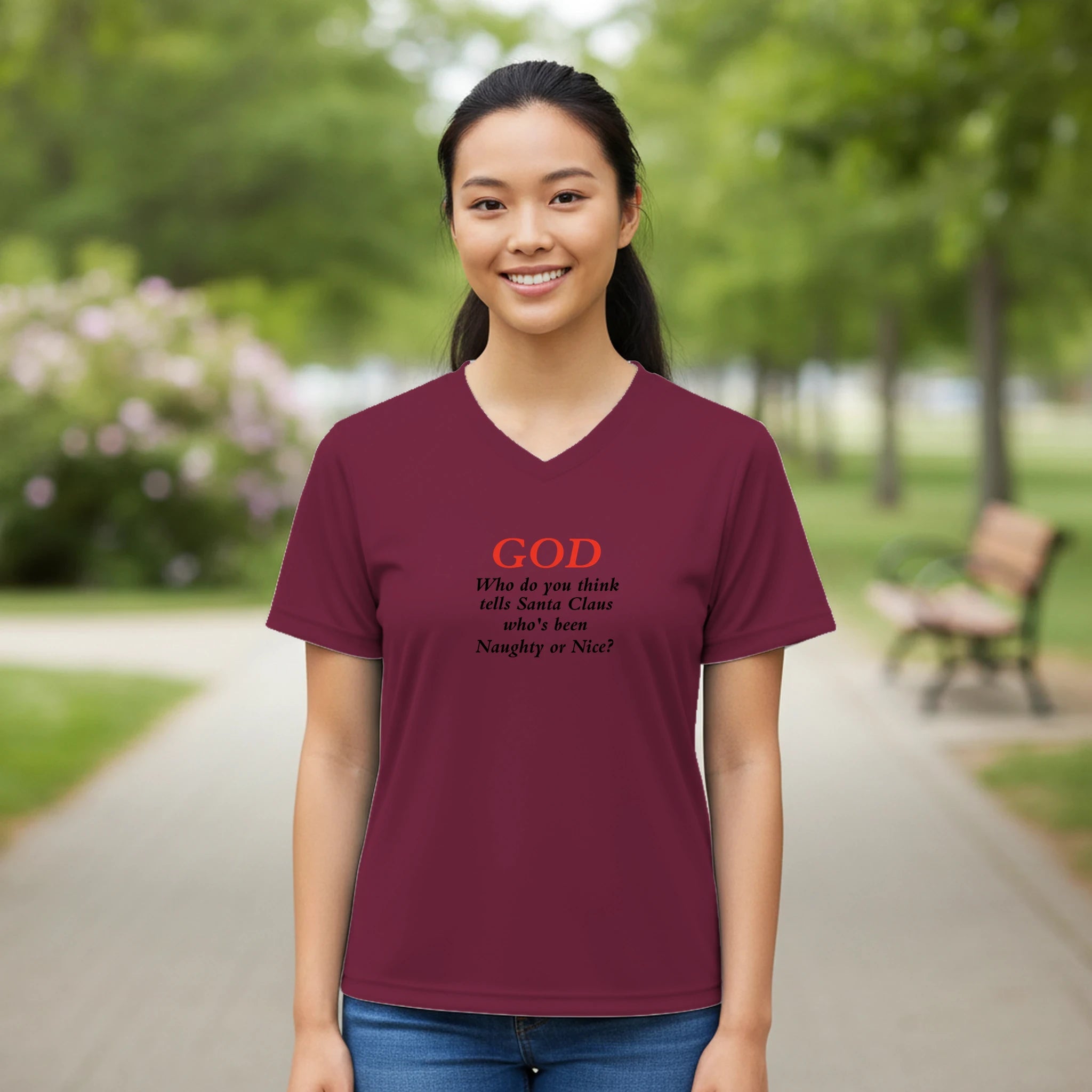 God/Santa Women’s Performance V - Neck T-Shirt | Team 365 TT11W - BB's Tees and More