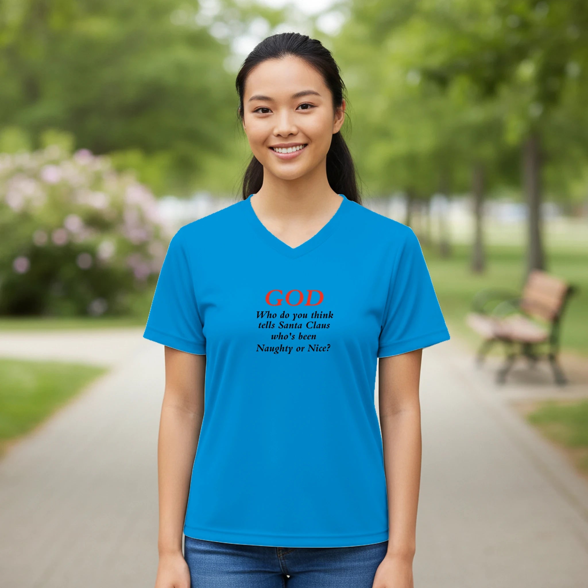 God/Santa Women’s Performance V - Neck T-Shirt | Team 365 TT11W - BB's Tees and More
